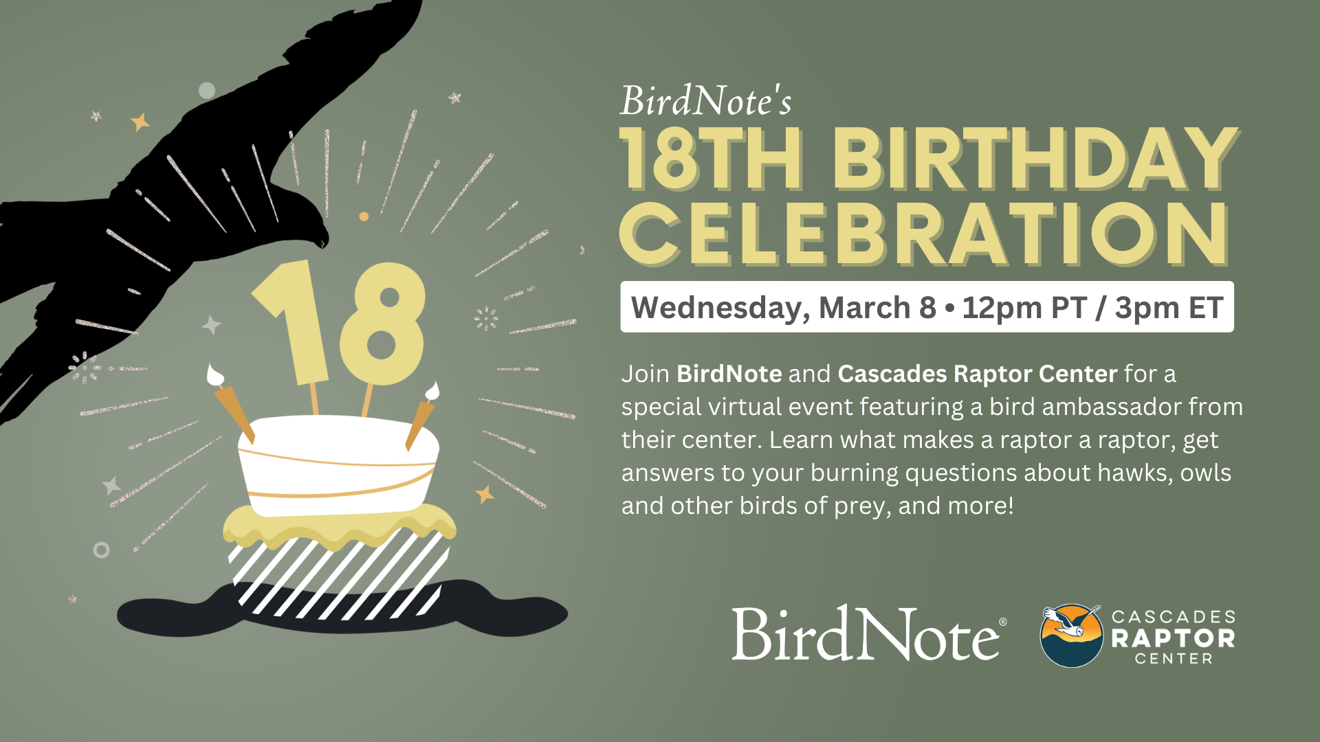 A graphic describing upcoming virtual bird event with Cascades Raptor Center on March 8 at 12 pm PT