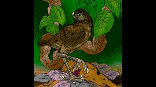 Illustration of Cuban Giant Owl, a brown bird with yellow beak and long powerful legs.