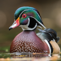Closeup of wood duck facing forward, swimming across water