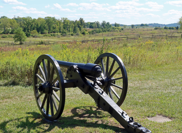 A civil-war era cannon in front of a lush green field.