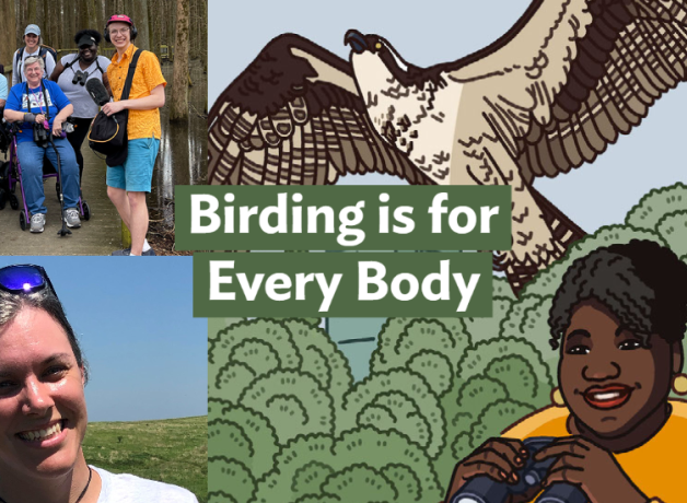 A graphic with the Bring Birds Back artwork on the right side, a group photo of Tenijah with a birding group in the top-left corner, and a photo of Freya McGregor in the bottom-left corner.