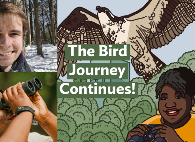 A graphic with the Bring Birds Back artwork on the right side, a headshot of Conor Gearin in the top-left corner, and a photo of Tenijah Hamilton looking through binoculars in the bottom-left corner.