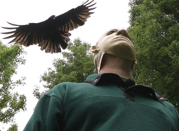 Crow attacking man in mask