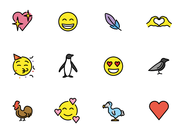 A collage of 12 emoji including, hearts, birds, and happy faces