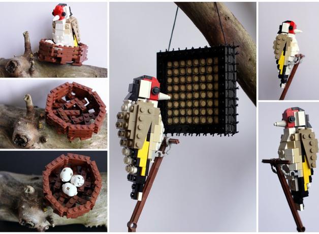 Collage of photos of a goldfinch, nest, and eggs all built from colorful LEGO blocks