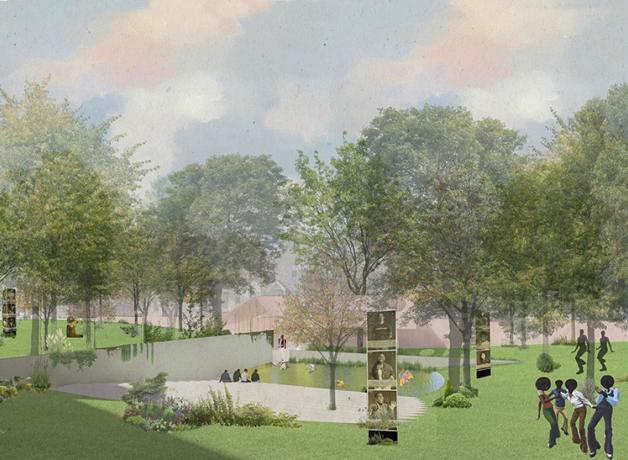 Architectural illustration depicting an urban oasis with bird habitat and space for community groups 