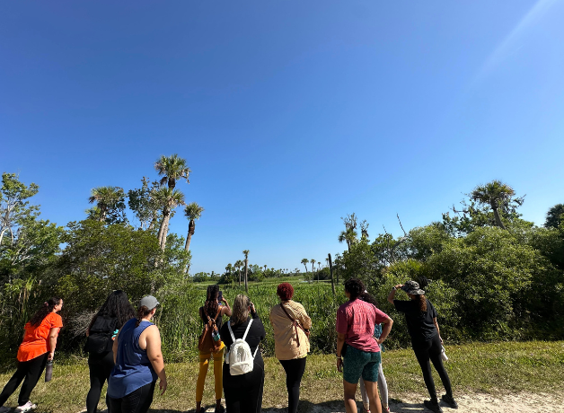 Small group of people stand in gravel looking toward marshland for birds