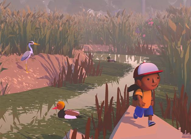 Artwork from Alba: A Wildlife Adventure video game showing character walking path near waterway with various birds and plants in the scene.