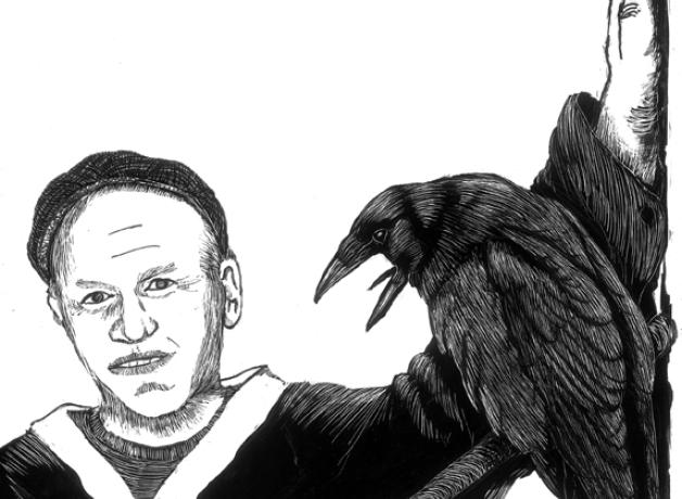 Tony Angell with a Raven named "Macaw"