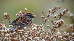 An American Tree Sparrow surrounded by downy seed heads against a green background.