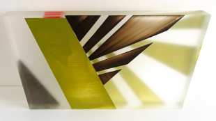 A painted plexiglass panel with an abstract depiction of a Ruby-crowned Kinglet