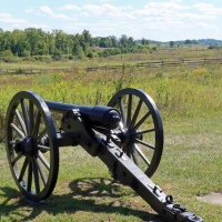 A civil-war era cannon in front of a lush green field.