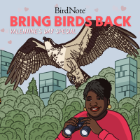 Illustration of Tenijah Hamilton in a pink shirt with "Bring Birds Back — Valentine's Day Special" above her. Three birds are flying around her