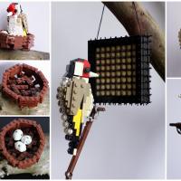 Collage of photos of a goldfinch, nest, and eggs all built from colorful LEGO blocks