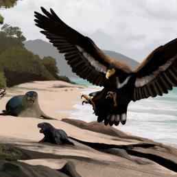 Illustration of a Gigantohierax (extinct genus of eagles) swooping down toward seals on a beach 